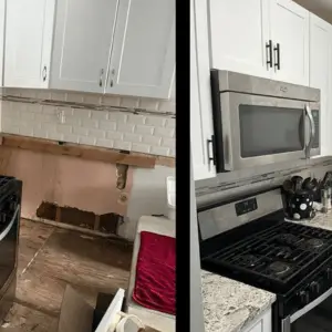 Water damage restoration before and after — flooded room to fully restored